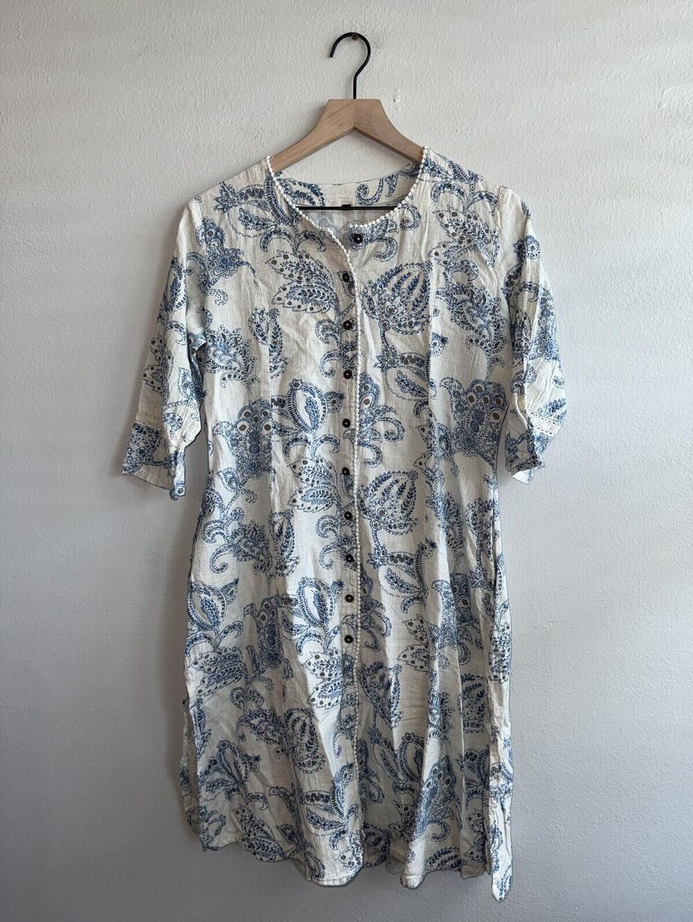 Paisley Print Button Front Midi Dress Size 42 Blue White Boho Cottagecore